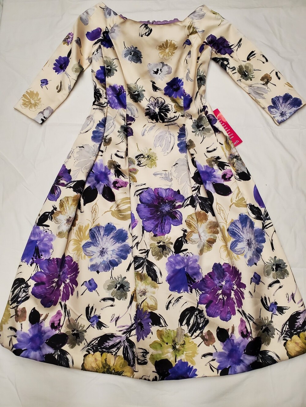 NWT Alex Marie Floral Satin Fit Flare Dress 2 Cream Purple 3/4 Sleeve Midi Party